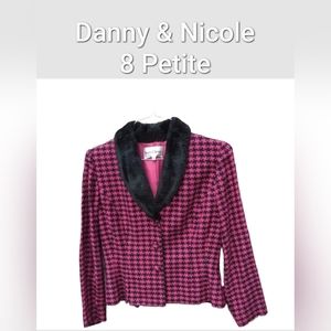 Houndstooth Blazer Danny & Nicole Hot Pink Fuscia Cropped Black Faux Fur Trim 8P